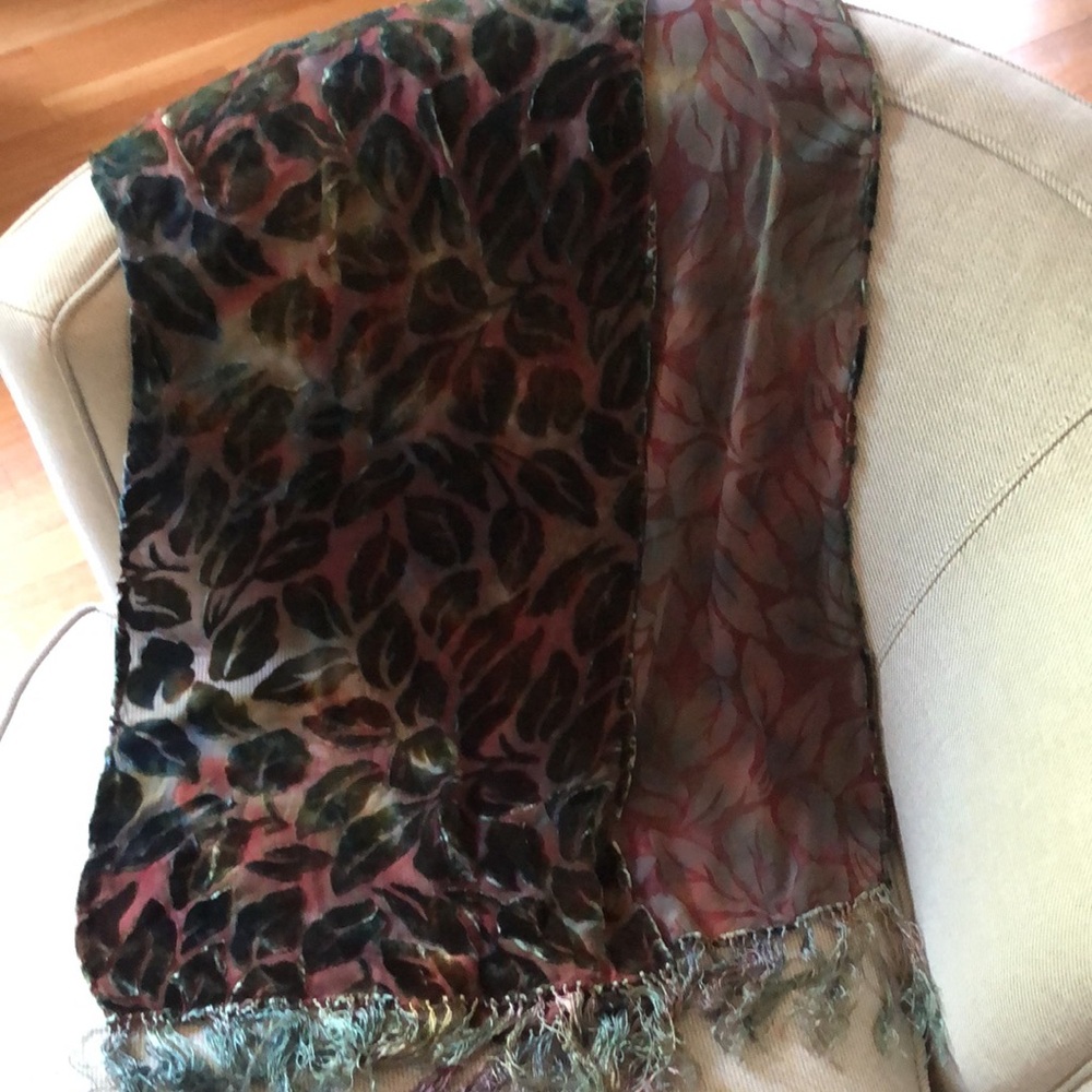 Gorgeous burnout velvet scarf Leaf Pattern in teal & background has tint of red